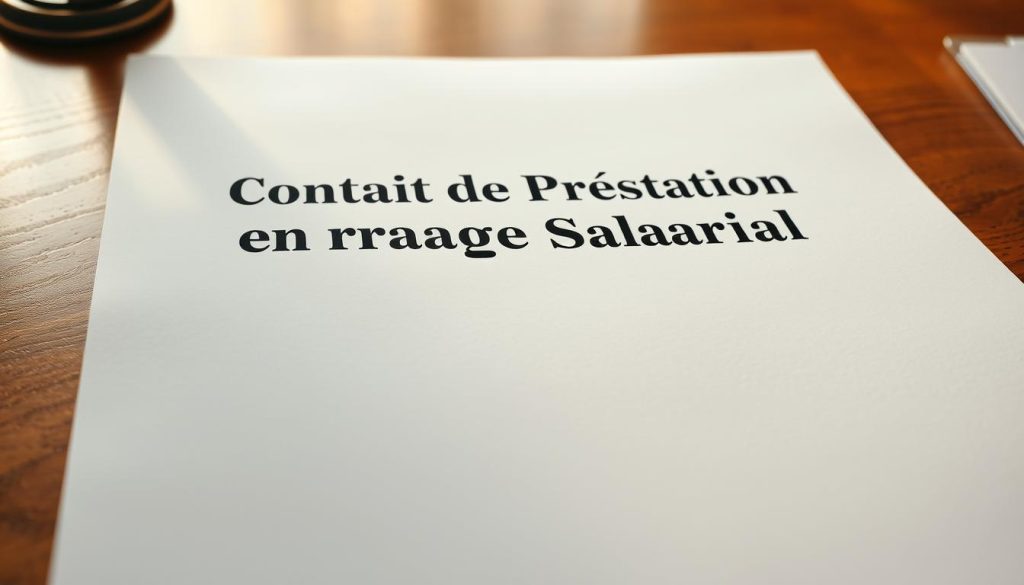 A stately document with a crisp, formal design lies on a polished wooden desk, illuminated by warm, directional lighting. The "Contrat de Prestation en Portage Salarial" title is prominently displayed in a bold, serif font, exuding an air of authority. Beneath it, the "Light Portage" logo is tastefully incorporated, signifying the trusted brand behind this contractual agreement. The document's pages are neatly organized, with clean lines and a well-structured layout, conveying a sense of professionalism and attention to detail. The overall scene evokes a mood of reliability, security, and the smooth execution of the "sécurité juridique portage salarial" process.