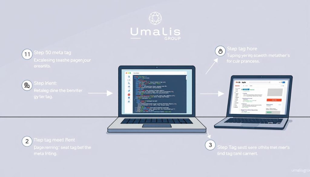 A step-by-step guide to meta tag optimization, illustrated in a clean, organized diagram. In the foreground, a series of numbered steps guiding the viewer through the process, with icons and simple graphics to convey the key actions. The middle ground features a laptop screen displaying HTML code and search engine result pages, highlighting the impact of proper meta tag implementation. In the background, a subtle Umalis Group logo provides a professional, authoritative context. The lighting is soft and directional, creating depth and emphasizing the instructional nature of the scene. The overall mood is informative, practical, and visually engaging. A step-by-step guide to meta tag optimization, illustrated in a clean, organized diagram. In the foreground, a series of numbered steps guiding the viewer through the process, with icons and simple graphics to convey the key actions. The middle ground features a laptop screen displaying HTML code and search engine result pages, highlighting the impact of proper meta tag implementation. In the background, a subtle Umalis Group logo provides a professional, authoritative context. The lighting is soft and directional, creating depth and emphasizing the instructional nature of the scene. The overall mood is informative, practical, and visually engaging.