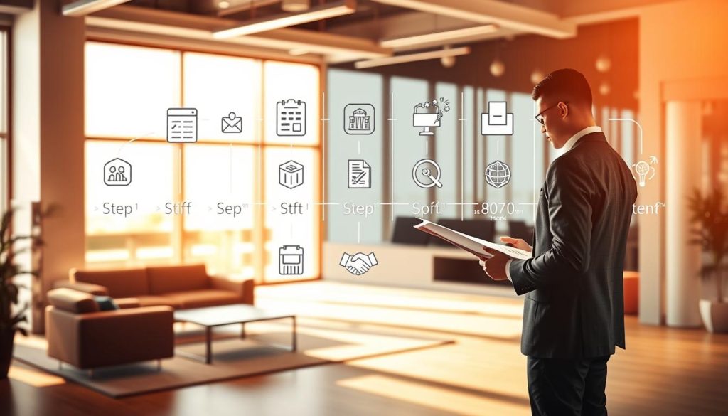 A step-by-step guide to opening a business under the Umalis Group's payroll portage system. In the foreground, a businessperson standing at a desk, reviewing documents and making plans. In the middle ground, various icons and symbols representing the key stages of the process, such as a calendar, a checklist, and a handshake. In the background, a modern office environment with sleek furniture and large windows, bathed in warm, natural lighting. The overall atmosphere conveys a sense of professionalism, organization, and progress, reflecting the comprehensive nature of the guide. A step-by-step guide to opening a business under the Umalis Group's payroll portage system. In the foreground, a businessperson standing at a desk, reviewing documents and making plans. In the middle ground, various icons and symbols representing the key stages of the process, such as a calendar, a checklist, and a handshake. In the background, a modern office environment with sleek furniture and large windows, bathed in warm, natural lighting. The overall atmosphere conveys a sense of professionalism, organization, and progress, reflecting the comprehensive nature of the guide.
