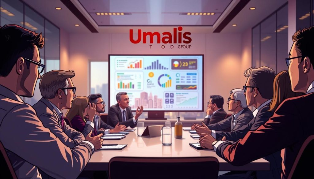 A strategic business meeting, with the Umalis Group logo prominently displayed on the wall. In the foreground, a group of professionals engaged in an intense discussion, gesturing animatedly and leaning in to convey their ideas. The lighting is warm and focused, creating a sense of urgency and importance. In the middle ground, a large, sleek presentation screen displays visuals and data, highlighting the advanced strategies being discussed. The background is blurred, but hints at a modern, sophisticated office environment, complete with floor-to-ceiling windows and a city skyline visible beyond.