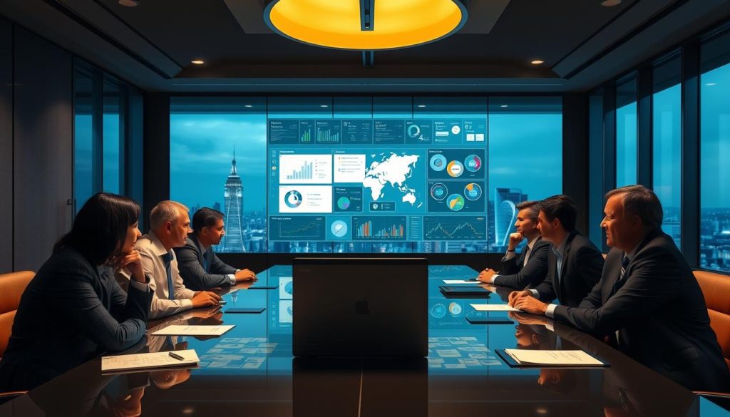 A strategic business strategy meeting within the Umalis Group headquarters. The boardroom table is surrounded by contemplative executives, their faces illuminated by a warm overhead lighting. In the foreground, a laptop displays a mind map of key strategic initiatives. The mid-ground showcases a large wall display presenting various data visualizations and performance metrics. The background features a panoramic city skyline, emphasizing the global scope of the company's operations. The overall mood is one of focused deliberation, with a sense of gravity and importance surrounding the proceedings.