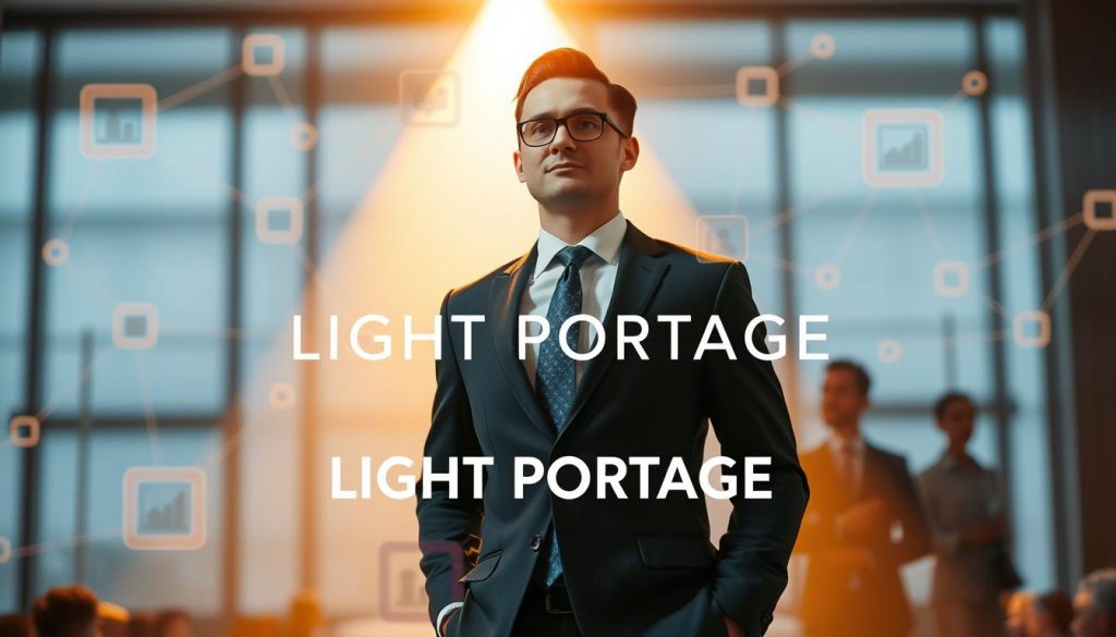 A strategic career lever in a professional networking setting. A well-dressed businessperson stands confidently, surrounded by abstract shapes and lines representing interconnected professional relationships. The scene is bathed in warm, directional lighting, creating a sense of focus and determination. The LIGHT PORTAGE brand name is prominently displayed, signifying its role as a key tool for navigating and accelerating one's career path.