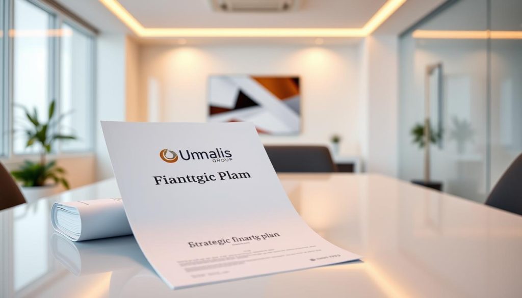 A strategic financial plan with the Umalis Group logo prominently displayed, set against a backdrop of a clean, modern office environment. The plan is presented on a sleek, minimalist desk, illuminated by warm, directional lighting that highlights the document's crisp, professional design. The overall atmosphere conveys a sense of focused efficiency and attention to detail, reflecting the optimized financial and social advantages of the Umalis Group's services.