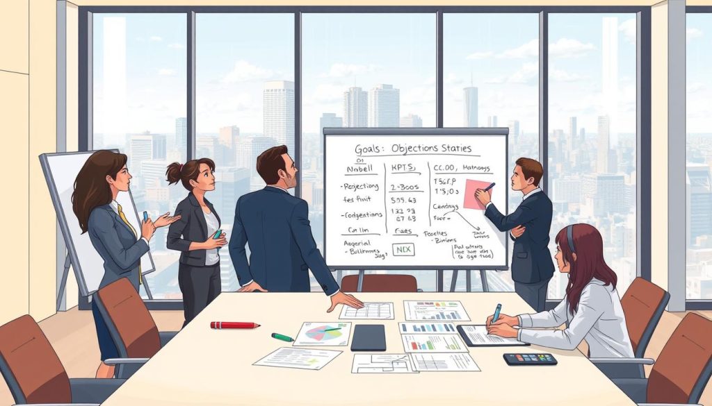 A strategic goal setting process unfolds in a well-lit, airy office space. In the foreground, a team of professionals gathers around a large whiteboard, markers in hand, mapping out their objectives and Key Performance Indicators (KPIs). The middle ground features a sleek, minimalist conference table where colleagues review financial projections and budgets, their expressions focused and determined. In the background, floor-to-ceiling windows offer a panoramic view of a vibrant cityscape, symbolizing the entrepreneurial spirit driving their endeavors. Warm, directional lighting casts a sense of clarity and purpose, while the clean, modern aesthetic conveys a professional, results-oriented atmosphere.