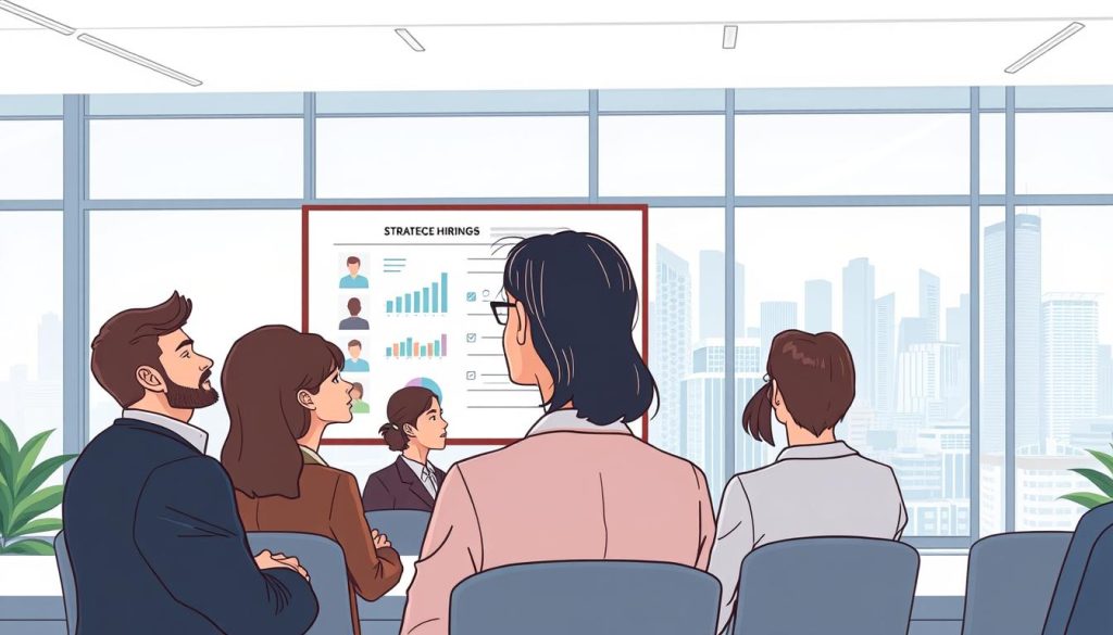 A strategic hiring process unfolds in a modern, airy office. In the foreground, a group of professionals in smart attire review candidate profiles, their expressions focused and thoughtful. The middle ground showcases a digital whiteboard displaying candidate metrics and hiring strategies. In the background, floor-to-ceiling windows offer a view of a bustling city skyline, symbolizing the wider job market. Soft, diffused lighting creates a contemplative atmosphere, while the clean, minimalist design elements convey a sense of efficiency and professionalism. The overall scene suggests a carefully considered, data-driven approach to finding the right talent to drive success.