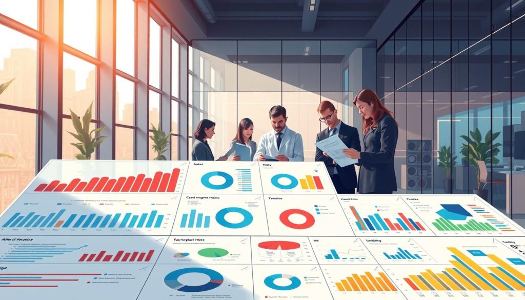 A strategic market analysis tableau, rendered in a clean, modern style. In the foreground, a grid of colorful graphs, charts, and data visualizations, showcasing key competitive insights. In the middle ground, a team of business analysts poring over reports, engaged in deep discussion. The background depicts a sleek, glass-walled office, bathed in warm, directional lighting from large windows. The overall mood is one of analytical rigor, strategic focus, and data-driven decision-making.