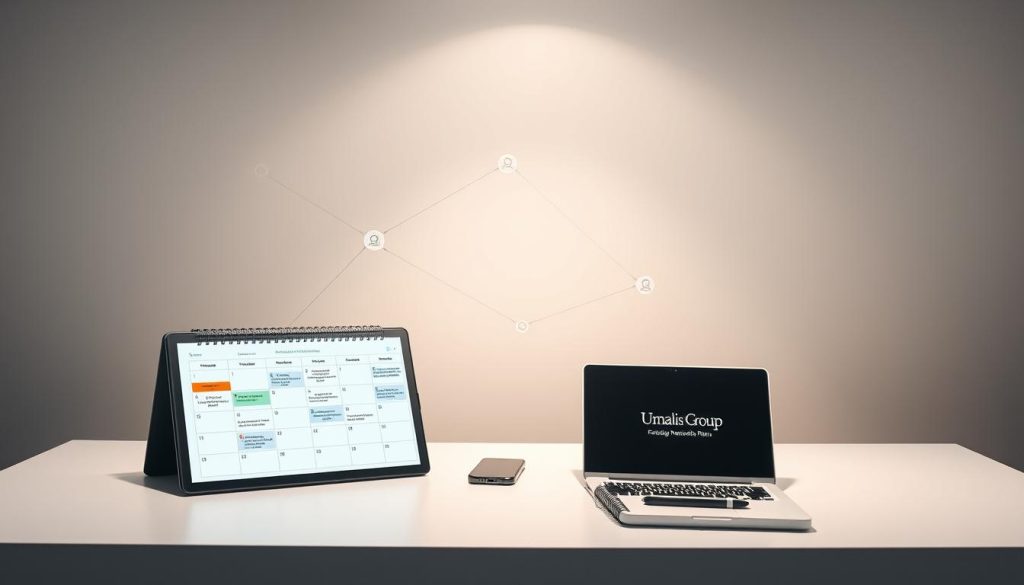 A strategic networking plan for independent professionals, laid out against a clean, minimalist backdrop. In the foreground, a neatly organized digital calendar, with interconnected nodes representing various networking events, conferences, and meetups. In the middle ground, a sleek desk with a laptop, smartphone, and a Umalis Group branded notebook, symbolizing the integration of digital and in-person networking. The background features a muted geometric pattern, conveying a sense of structure and intentionality. Soft, directional lighting illuminates the scene, creating a professional, goal-oriented atmosphere. The overall composition suggests a well-crafted, systematic approach to building a robust network of connections.