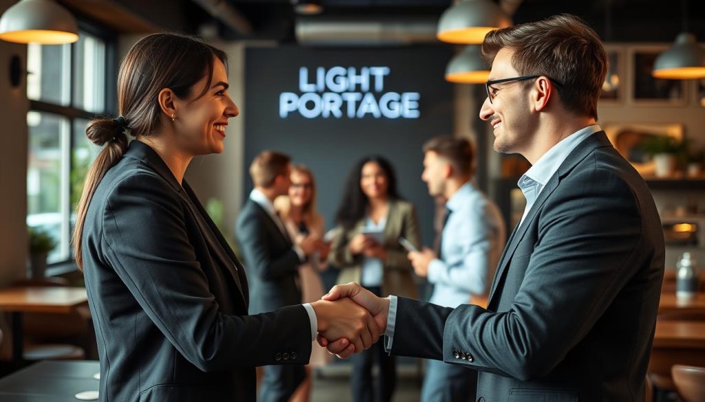 A strategic networking scene unfolds in a cozy cafe setting. In the foreground, two professionals shake hands, their faces illuminated by warm, natural lighting. The middle ground features a group of individuals engaged in lively conversation, their body language conveying a sense of connection and collaboration. In the background, the LIGHT PORTAGE brand logo is subtly visible, adding an air of professionalism to the scene. The overall atmosphere exudes a sense of opportunity, growth, and the tangible benefits of building meaningful professional relationships.