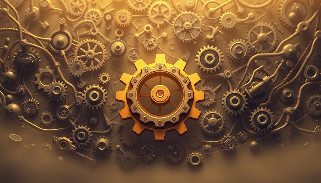 A strategic partnership model depicted as a complex web of interconnected gears, cogs, and interlocking mechanisms. The foreground showcases the central partnership, represented by a large gear turning in sync with another. The middle ground features smaller gears and cogs, symbolizing the various collaborating entities. The background is a maze of interlocking parts, suggesting the intricate nature of sustainable, mutually beneficial partnerships. The lighting is warm and slightly hazy, creating a sense of collaborative harmony. The overall composition conveys the idea of a well-oiled, synergistic growth strategy.