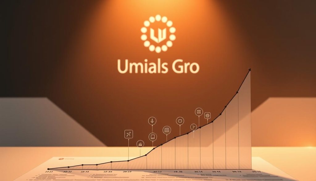 A strategic professional growth analysis set against a sleek, modern backdrop. In the foreground, a detailed graph depicting metrics and trajectories, rendered in a minimalist, data-driven style. In the middle ground, a series of interconnected icons representing key skills, certifications, and achievements. The background features the Umalis Group logo, subtly integrated into a clean, geometric pattern that evokes a sense of forward momentum and professional ambition. Warm, directional lighting casts a contemplative glow, emphasizing the thoughtful, analytical nature of the scene.