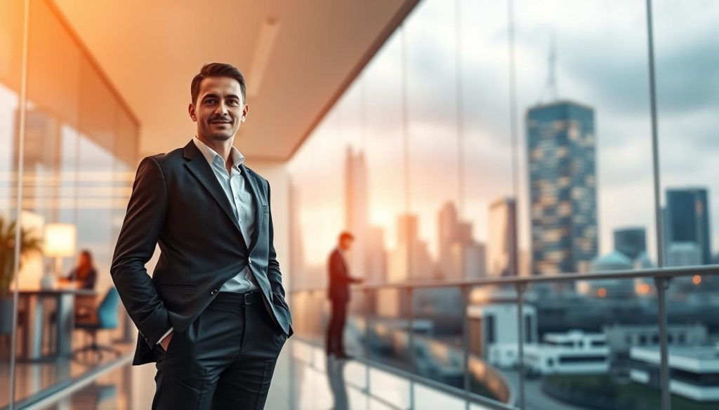A strategic solution for contract work, a dynamic UMALIS GROUP landscape. In the foreground, a professional figure representing the portage salarial concept, standing confidently. The middle ground showcases a modern office environment, with subtle cues of collaboration and productivity. In the background, a sleek cityscape emerges, hinting at the broader business ecosystem. The lighting is warm and inviting, capturing a sense of professionalism and opportunity. The composition emphasizes the harmonious integration of individual, organization, and industry, reflecting the strategic advantages of the portage salarial model.