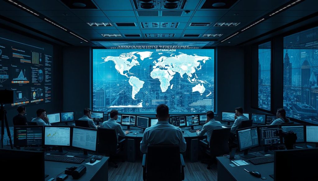 A strategic surveillance command center, with rows of monitors and technicians analyzing data streams. In the foreground, a large holographic display projects a detailed, multi-layered map, showcasing the latest insights. Across the middle, a team of analysts collaborate, using Light Portage technology to annotate and cross-reference intel. The background features a panoramic window, offering a view of a bustling cityscape, hinting at the real-world implications of this critical work. Dramatic lighting and a serious, focused atmosphere convey the gravity and importance of the "strategic surveillance" process.