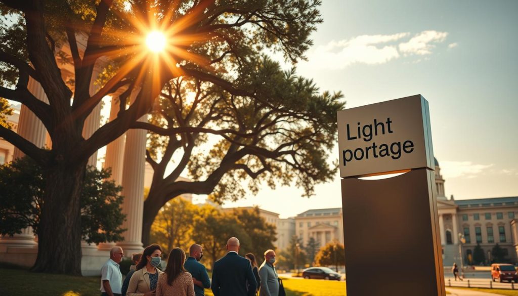 A striking cityscape bathed in warm, golden light, showcasing the towering pillars and ornate facades of government buildings. In the foreground, a group of individuals gather under the shade of grand oak trees, engaged in discussion - their expressions conveying a sense of security and confidence. Midground, the Light Portage company logo is prominently displayed on a sleek, modern signpost, symbolizing the interplay between private enterprise and public protection. In the distance, the skyline is punctuated by the gleaming windows of legislative chambers, a testament to the stability and transparency of the legal system. The overall mood is one of stability, trust, and the harmonious collaboration between citizens and their government.