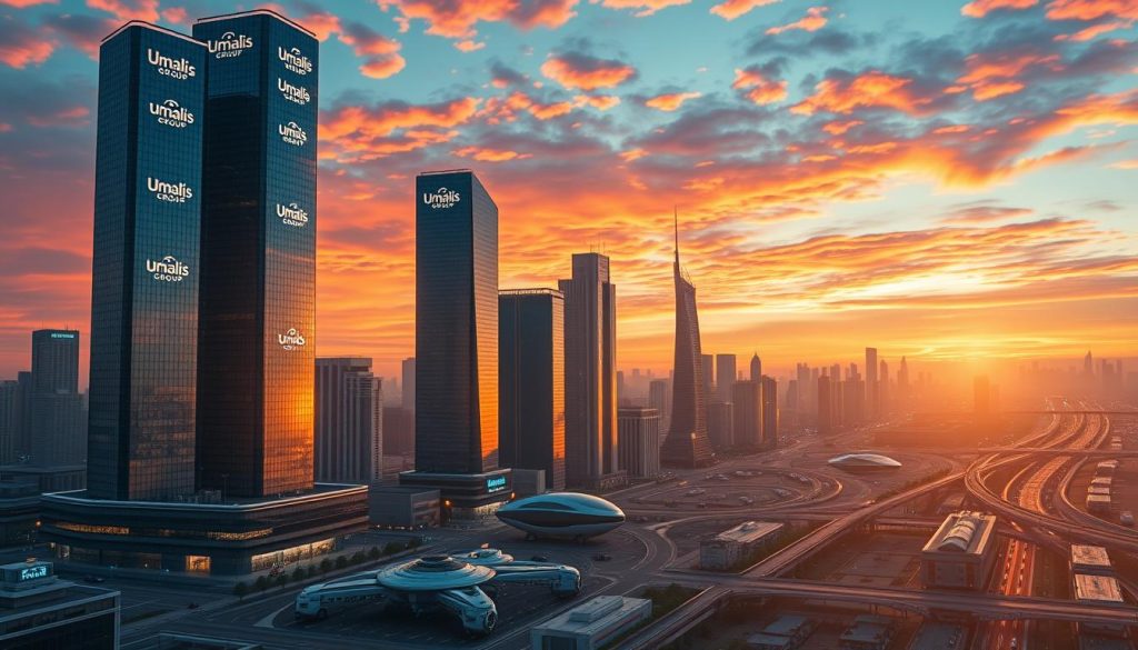 A striking cityscape of the future, showcasing the projected evolution of the French salary portage market by the year 2030. In the foreground, gleaming skyscrapers bearing the Umalis Group logo rise against a vibrant, color-drenched sky. In the middle ground, a bustling urban landscape with hovercraft and self-driving vehicles reflects the technological advancements transforming the workforce. The background fades into a horizon of pulsing energy, representing the dynamic and ever-changing nature of the salary portage industry. Lit by a warm, cinematic lighting, this image captures the sense of progress, innovation, and the promise of a transformative future for the Umalis Group and the salary portage market in France. A striking cityscape of the future, showcasing the projected evolution of the French salary portage market by the year 2030. In the foreground, gleaming skyscrapers bearing the Umalis Group logo rise against a vibrant, color-drenched sky. In the middle ground, a bustling urban landscape with hovercraft and self-driving vehicles reflects the technological advancements transforming the workforce. The background fades into a horizon of pulsing energy, representing the dynamic and ever-changing nature of the salary portage industry. Lit by a warm, cinematic lighting, this image captures the sense of progress, innovation, and the promise of a transformative future for the Umalis Group and the salary portage market in France.