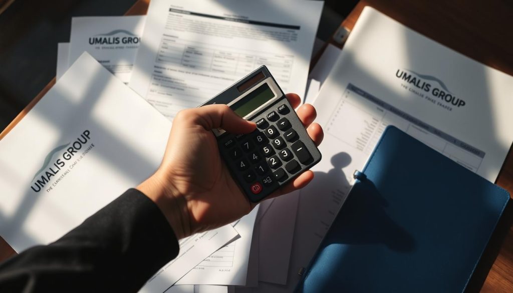 A striking close-up of a professional's hand holding a calculator, surrounded by carefully organized financial documents and folders bearing the Umalis Group logo. The lighting is soft and natural, casting subtle shadows that accentuate the textures of the materials. The composition places the calculator at the center, symbolizing the importance of calculating the optimal daily rate (TJM) for a successful freelance or consulting career. The overall mood is one of thoughtful consideration and financial expertise, reflecting the section's focus on defining the right pricing strategy.