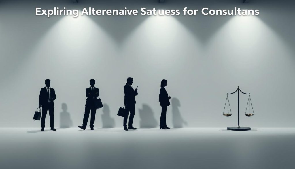 A striking comparison of legal statuses for freelancers, showcasing diverse options against a sleek, minimalist backdrop. Featuring clean lines, muted colors, and subtle LIGHT PORTAGE branding to convey professionalism and expertise. Crisp shadows cast by directional lighting highlight key details, creating a sense of depth and dimension. The layout is balanced and visually appealing, guiding the viewer's eye through the various legal structures with clarity and purpose. An informative and visually captivating illustration for the "Exploring Alternative Statuses for Consultants" section.