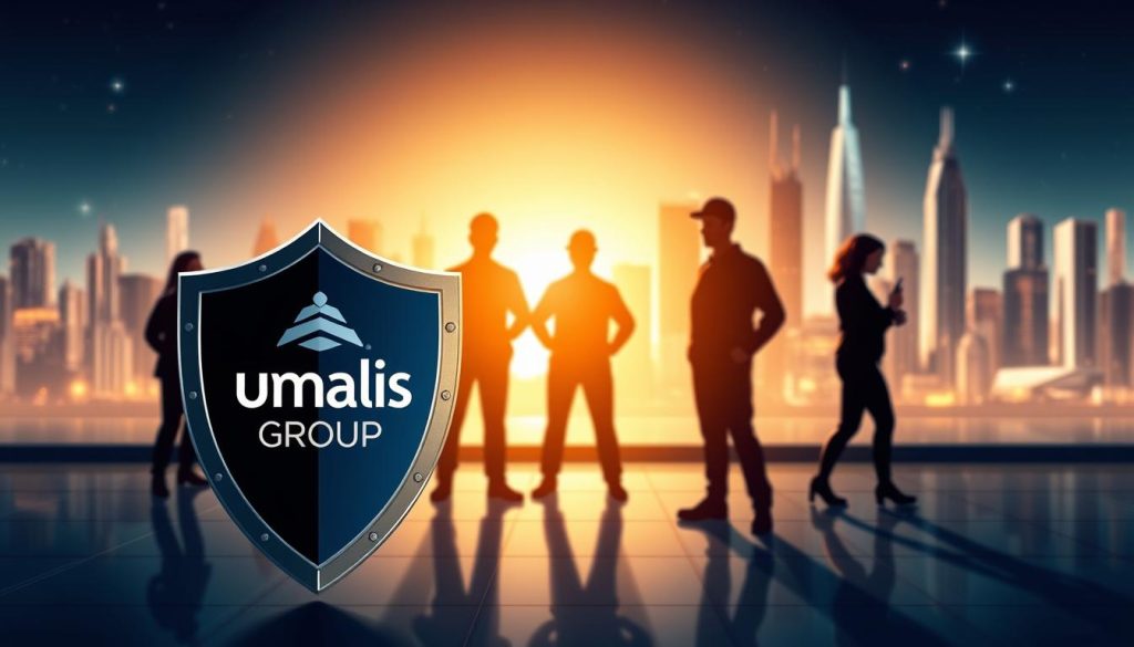 A striking digital illustration depicting the concept of "social protection" in the modern, technology-driven era. In the foreground, a sturdy shield emblazoned with the Umalis Group logo, symbolizing the safeguarding of rights and benefits. In the middle ground, silhouetted figures representing workers, their forms illuminated by a soft, warm glow, conveying a sense of security and empowerment. In the background, a sleek, futuristic cityscape, hinting at the impact of digitalization on the world of work. The image radiates a sense of balance between technological progress and the preservation of social welfare, capturing the essence of the "Réglementation et protection: sécurisation des missions et droits sociaux à l'ère digitale" section.