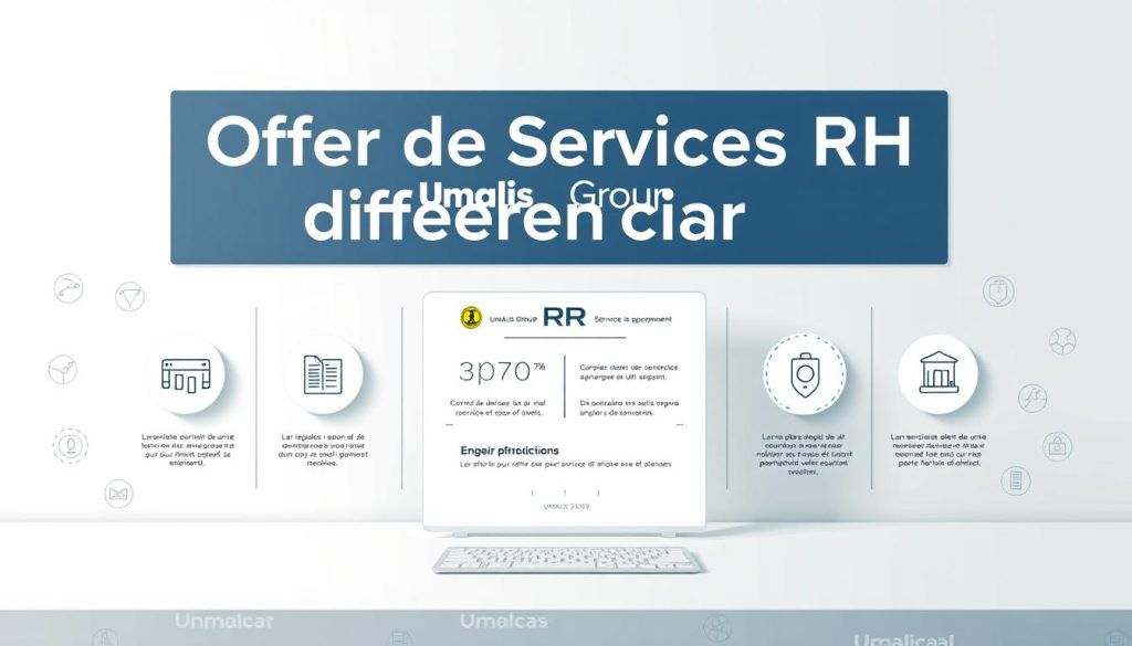 A striking digital illustration showcasing an eye-catching "Offre de Services RH différenciante" for the Umalis Group. Set against a clean, modern background, the composition features a bold, dynamic layout with the Umalis Group branding prominently displayed. In the foreground, a series of sleek, minimalist icons and infographic elements convey the key HR services and value propositions. The middle ground highlights client testimonials and accolades, while the background subtly incorporates symbolic graphic patterns and a soft, neutral color palette to create a professional, high-quality aesthetic. Carefully balanced lighting, a shallow depth of field, and a slightly elevated camera angle combine to give the image a polished, impactful feel that would complement the "Construire votre Offre de Services et Votre Proposition de Valeur" section of the article.