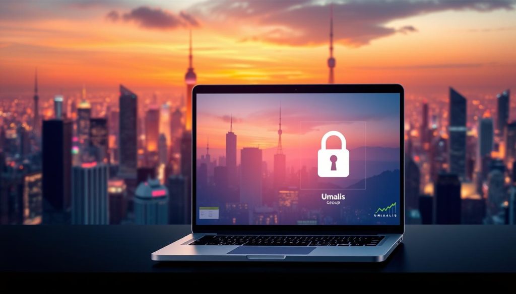 A striking digital illustration showcasing online security, featuring the Umalis Group brand. In the foreground, a secure lock icon symbolizes the protection of sensitive information, with a subtle gradient effect enhancing the visual impact. The middle ground depicts a laptop screen, its display reflecting the lock icon, conveying the integration of security measures into digital platforms. In the background, a vibrant cityscape with skyscrapers and communication towers represents the expansive, interconnected online world, underscoring the importance of robust cybersecurity. The scene is illuminated by a soft, diffused lighting, creating a sense of depth and balance. The overall composition emphasizes the harmony between technology and security, delivering a powerful visual metaphor for the Umalis Group's expertise in building secure online presences.