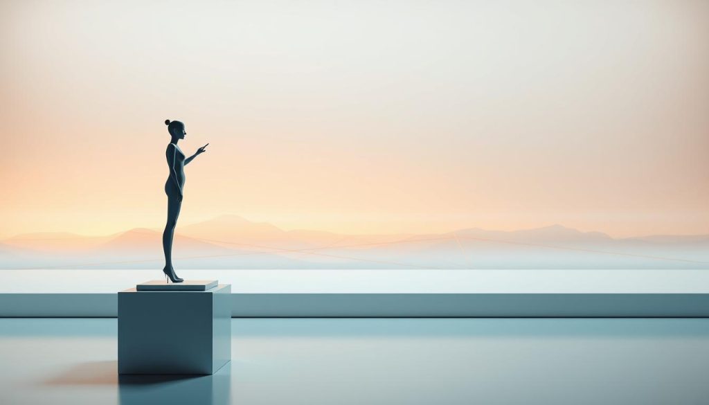 A striking hybrid work model with a modern, minimalist aesthetic. In the foreground, a stylized figure representing the balance of professional and personal life, poised atop a geometric pedestal. The middle ground features an abstract landscape of intersecting lines and shapes, conveying the innovative nature of the "LIGHT PORTAGE" model. The background is illuminated by a soft, warm glow, creating a calming, contemplative atmosphere. Carefully considered lighting and camera angles emphasize the sleek, futuristic design. This image captures the essence of the "modèle hybride innovant" - a progressive, harmonious approach to work-life balance.