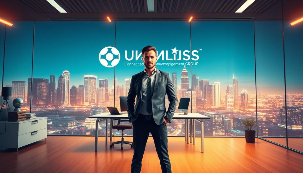 A striking illustration of the "branche autonomie" concept showcasing a modern, dynamic office environment with the UMALIS GROUP logo prominently displayed. In the foreground, an independent professional stands confidently, dressed in business attire, symbolizing the empowerment and autonomy of the self-employed. The middle ground features a sleek, minimalist workstation adorned with cutting-edge technology, reflecting the innovative nature of the UMALIS GROUP. In the background, a panoramic cityscape with towering skyscrapers and vibrant energy creates a sense of urban sophistication. Warm, diffused lighting illuminates the scene, evoking a welcoming and professional atmosphere. The overall composition conveys the idea of financial security, technological advancement, and the rewarding independence of the self-employed lifestyle.