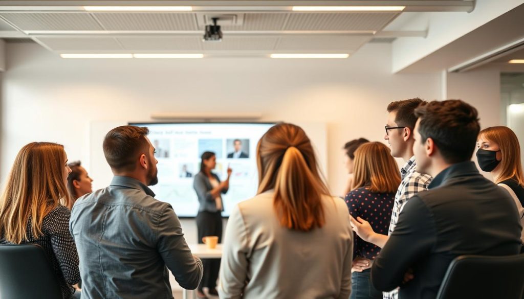 A striking image of a professional development program from the UMALIS GROUP. In the foreground, a diverse group of office workers engages in a dynamic training session, their faces filled with focus and determination. The middle ground showcases a range of visual aids, including a sleek presentation screen and a tactile whiteboard, creating an atmosphere of collaborative learning. In the background, a minimalist yet sophisticated office setting with neutral tones and clean lines provides a serene backdrop. Soft, directional lighting casts a warm glow, enhancing the sense of professionalism and growth. The overall composition conveys the idea of "portage salarial et formation continue" - a comprehensive approach to professional development and career advancement.