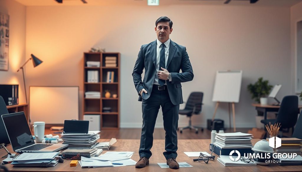 A striking image of "portage salarial" depicting a professional contractor or freelancer standing at the crossroads of their career. The scene shows a well-dressed individual in a thoughtful pose, surrounded by contract documents, a laptop, and various office supplies, hinting at the administrative and financial complexities of this employment arrangement. The background is a softly-lit office space, conveying a sense of transitional uncertainty. The overall atmosphere is one of contemplation, as the subject ponders the limitations and incompatibilities of the "portage salarial" model. Umalis Group logo discreetly placed in a corner.