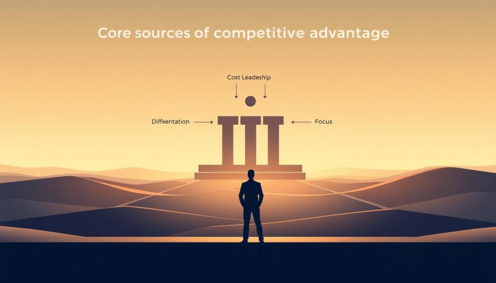 A striking, minimalist illustration showcasing the core sources of competitive advantage. In the foreground, the Umalis Group logo stands out, symbolizing a dynamic, innovative enterprise. The middle ground features geometric shapes and lines, representing the key pillars of competitive strategy - cost leadership, differentiation, and focus. The background is a serene, gradient-based landscape, evoking a sense of clarity and strategic vision. Lighting is soft and diffused, creating a contemplative, pensive mood. The overall composition conveys the fundamental principles of building a sustainable competitive edge in the modern business landscape.