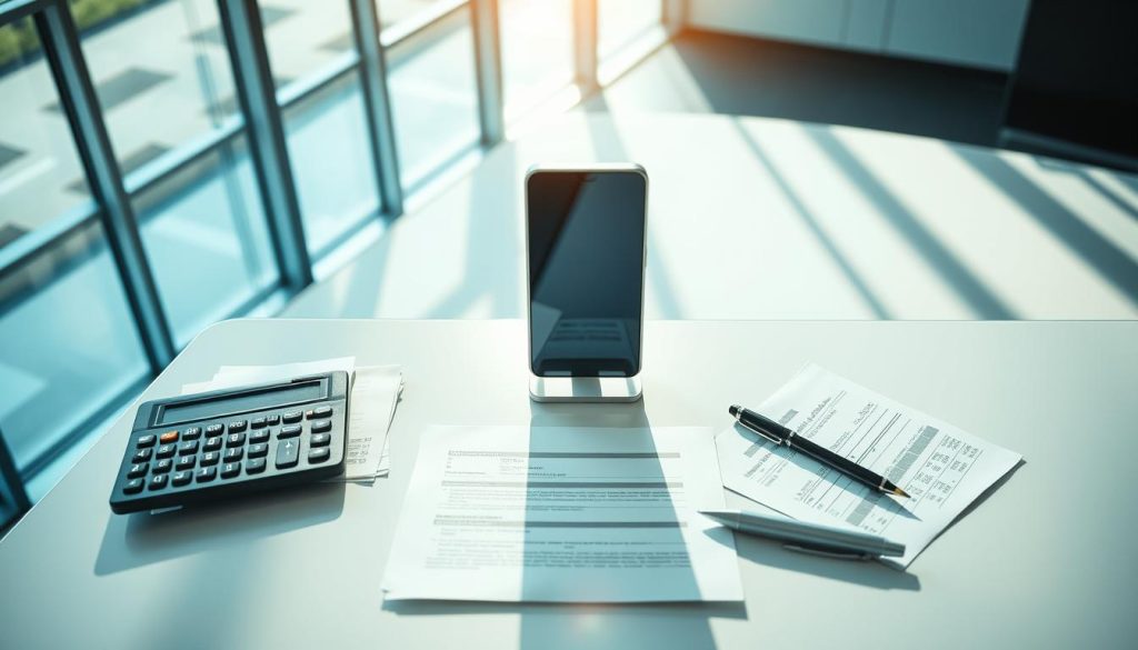 A striking overhead view of a modern office setting, with sunlight streaming through large windows and illuminating a sleek, minimalist desk. On the desk, a LIGHT PORTAGE device stands prominently, its glossy surface reflecting the ambient light. Surrounding the device are various financial documents, calculators, and a pen, all neatly arranged to convey the concept of "financement protection sociale". The background is softly blurred, allowing the LIGHT PORTAGE device and associated financial elements to take center stage, creating a sense of focus and importance. The overall mood is one of professionalism, efficiency, and attention to detail, perfectly capturing the essence of the "Le financement de la protection sociale" section of the article.