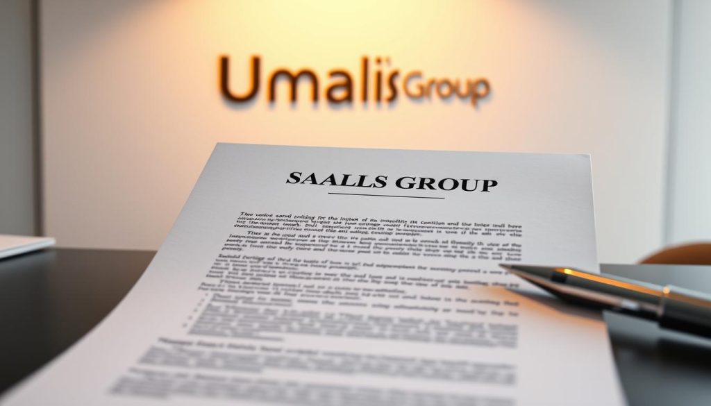 A striking, professional-looking contract for a salarial portage agreement, showcased on a desk with a minimalist design. The contract is the focal point, backlit by warm, directional lighting to emphasize its importance. In the background, the Umalis Group logo is prominently displayed, reflecting the company's role in this contractual process. The overall scene conveys a sense of clarity, efficiency, and the reliable expertise of Umalis Group in guiding individuals through the administrative and contractual aspects of salarial portage.