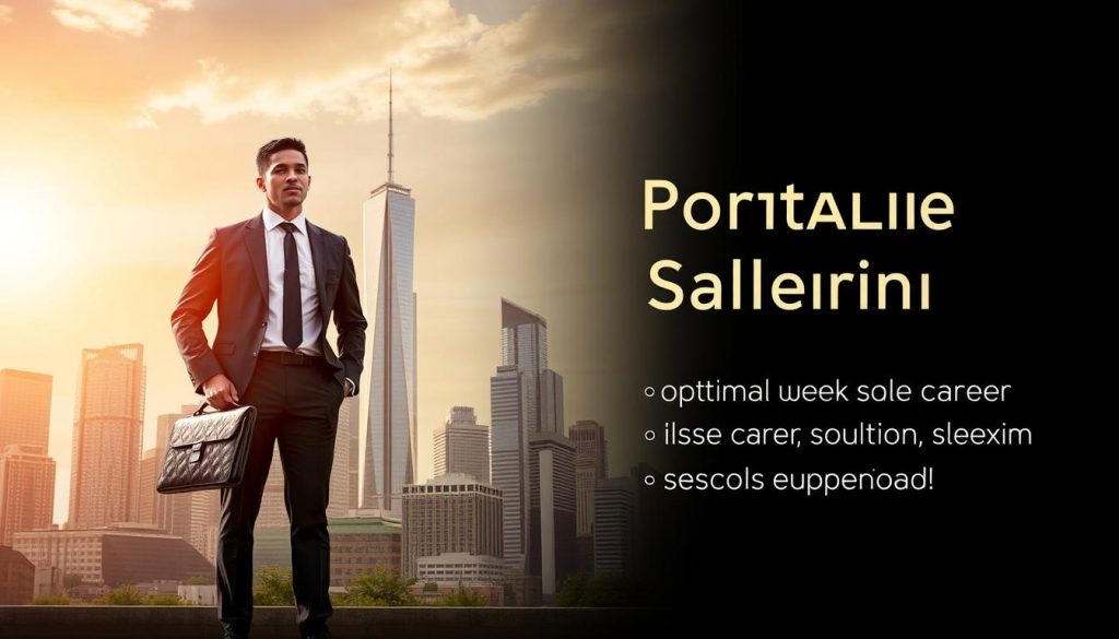 A striking scene of a career in sales under the Umalis Group portage salarial system. In the foreground, a well-dressed professional stands confidently, briefcase in hand, symbolizing the opportunities and advantages of this flexible employment model. The middle ground features a dynamic cityscape, skyscrapers reaching towards the sky, conveying a sense of growth and progress. In the background, a warm, golden light filters through, creating an aura of success and prosperity. The overall composition exudes a mood of empowerment, suggesting the ways in which the Umalis Group's portage salarial solutions can optimize one's sales career.
