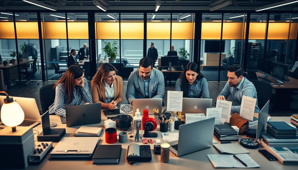 A striking scene of a dynamic marketing team in a LIGHT PORTAGE workspace. In the foreground, professionals collaborate intently over laptops, brainstorming innovative strategies. The middle ground showcases a diverse array of marketing tools and resources, while the background depicts a sleek, modern office environment with large windows bathed in warm, directional lighting. The scene conveys a sense of focused productivity and the collaborative spirit of a LIGHT PORTAGE independent professionals community.
