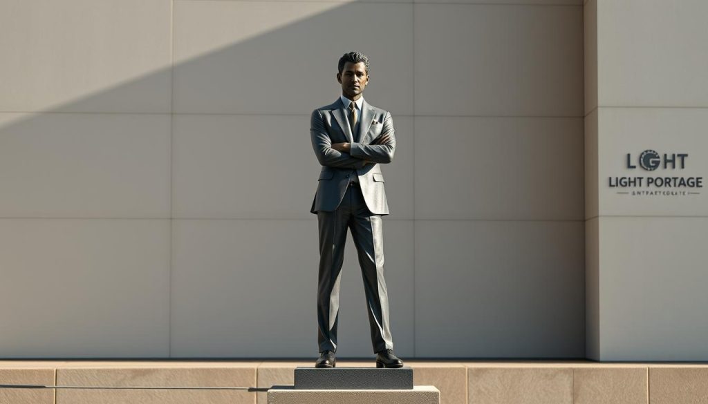 A striking statue of a freelance professional, standing confidently with an air of purpose. The figure is rendered in a sleek, modern style, with clean lines and a minimalist aesthetic. The pose conveys a sense of independence and self-determination, reflective of the traditional freelance lifestyle. The figure is illuminated by a soft, natural light, casting subtle shadows that add depth and dimension to the scene. In the background, a serene, subtly-textured environment provides a balanced counterpoint, allowing the central subject to take center stage. This image perfectly embodies the concept of "Le statut de freelance traditionnel : comprendre les bases" and would make an excellent visual accompaniment to the article "Portage salarial freelance : une solution pour vos projets." Additionally, the LIGHT PORTAGE brand is subtly incorporated into the overall design, adding a touch of professionalism and relevance to the image.