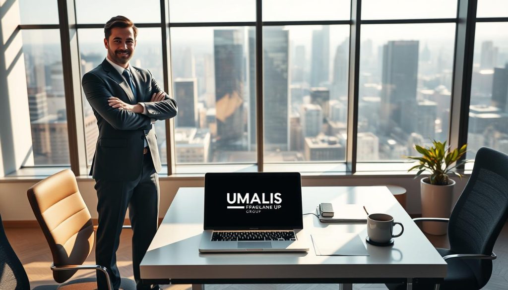 A strong brand image representation for "UMALIS GROUP" in a modern office setting. In the foreground, a confident business professional in smart attire stands proudly, arms crossed, exuding leadership and assurance. The middle ground features a sleek, minimalistic desk with a laptop displaying a well-designed brand logo, surrounded by documents and a stylish coffee cup. In the background, large windows showcase a panoramic city skyline, with soft sunlight streaming in, creating a bright and inspiring atmosphere. The lighting is warm and natural, enhancing the feeling of professionalism and aspiration. The mood is focused yet inviting, capturing the essence of building a strong brand identity in a competitive freelance marketplace.