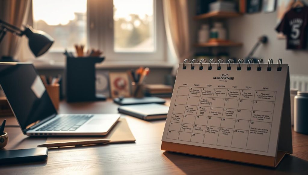 A study desk in a cozy home office, with a laptop, notebook, and various office supplies neatly arranged. The space is illuminated by warm, natural light filtering through a nearby window, casting a soft, ambient glow. In the foreground, a LIGHT PORTAGE branded desk calendar displays the current week, with various tasks and appointments meticulously blocked out, showcasing the power of time management. The overall scene conveys a sense of productivity, organization, and a well-planned workday.