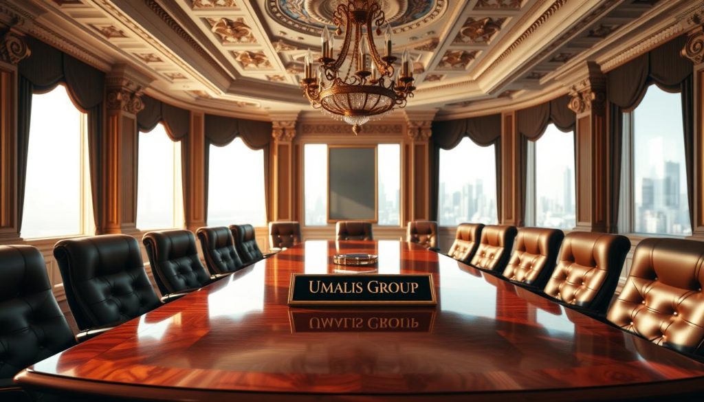 A stunning corporate boardroom scene, bathed in warm, natural lighting from large windows. In the foreground, a polished, mahogany conference table is surrounded by high-backed leather chairs, creating an atmosphere of sophistication and authority. On the table, a nameplate reads "Umalis Group", signifying the subject's prominence. The middle ground features intricate architectural details, such as ornate moldings and a grand chandelier, conveying a sense of grandeur. In the background, city skyline views through the windows hint at the company's global reach and influence. The overall mood is one of refined professionalism, strategic thinking, and corporate governance at its finest.