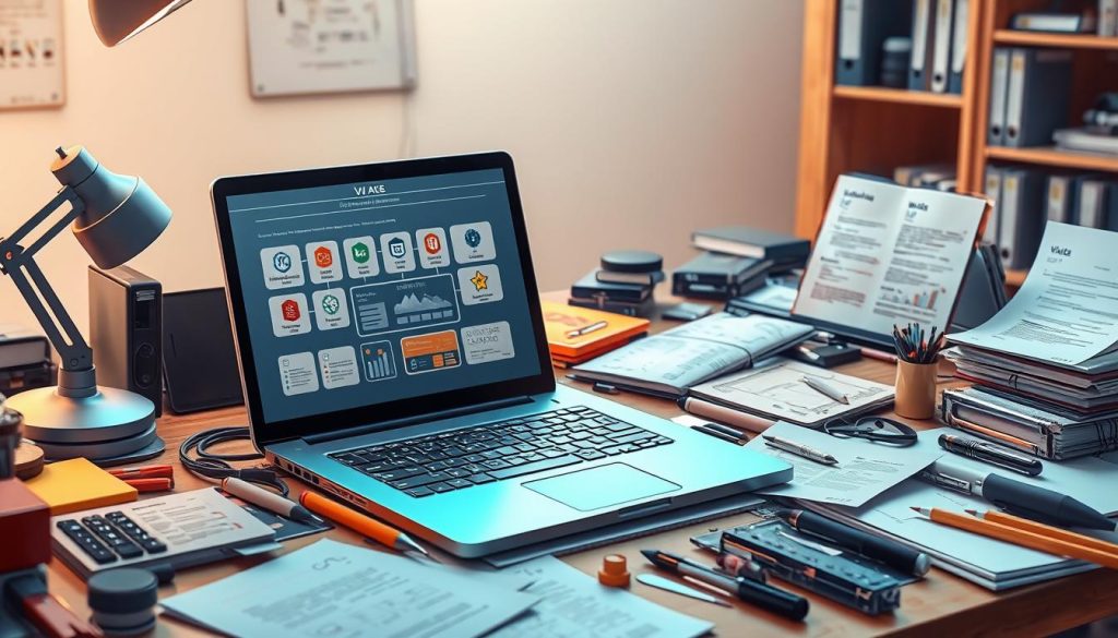 A stunning, photorealistic illustration of the key steps in the VAE (Validation of Acquired Experience) process, commissioned by UMALIS GROUP. The scene depicts a meticulously detailed, three-dimensional workspace with various tools and materials spread out on a cluttered desk. In the foreground, a central laptop screen displays a dynamic VAE workflow diagram, with animated icons and data visualizations. The middle ground showcases several open files, certificates, and documents related to the VAE assessment. In the background, a softly lit bookshelf and office supplies create a sense of depth and professionalism. The overall atmosphere is one of focused productivity and the diligent pursuit of professional development and career advancement.