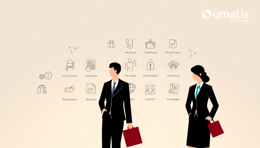 A stylish and elegant illustration of the social protection offered by "Umalis Group" in the context of portage salarial. Set against a soft, pastel-colored background, the foreground features a group of professional figures in formal attire, showcasing a sense of security and support. The middle ground depicts various icons and symbols representing the key elements of social protection, such as healthcare, retirement benefits, and insurance coverage. The background subtly incorporates the Umalis Group branding, creating a cohesive and visually appealing composition. The overall mood is one of confidence, stability, and the empowerment that comes with comprehensive social safeguards in the portage salarial industry.