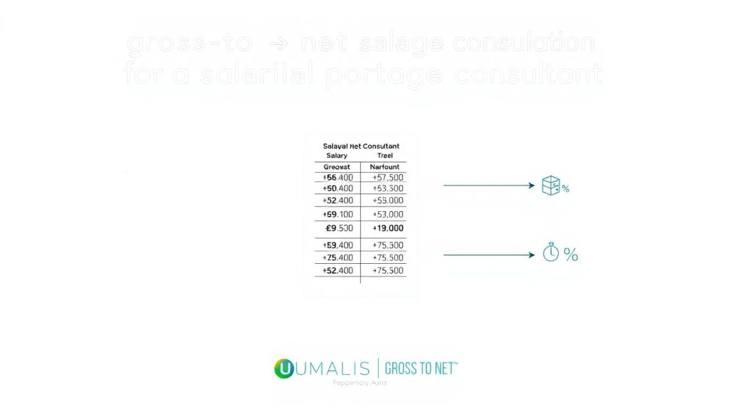 A stylish and informative illustration showcasing the breakdown of a gross-to-net salary calculation for a salarial portage consultant. Set against a clean, minimalist background, the image features a central document or spreadsheet displaying the numerical details, with neatly organized columns and rows. The UMALIS GROUP logo is prominently displayed, conveying the authority and expertise of the subject matter. Subtle graphical elements, such as currency symbols and percentage indicators, provide visual context. The overall tone is professional, polished, and designed to educate and inform the reader about the key components of a salarial portage consultant's compensation.