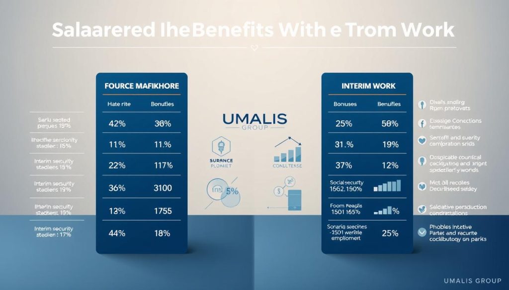A stylish and informative infographic highlighting the comparative remuneration and benefits between salaried employment and interim work, set against a sleek, minimalist background. In the foreground, two parallel columns display key metrics like hourly rates, bonuses, and social security contributions, all rendered in a clean, data-driven visualization. The middle ground features elegant icons and graphs to visually convey the nuances between the two employment models. In the background, a subtle UMALIS GROUP logo adds a touch of professional branding. The overall mood is one of clarity, objectivity, and informed decision-making.
