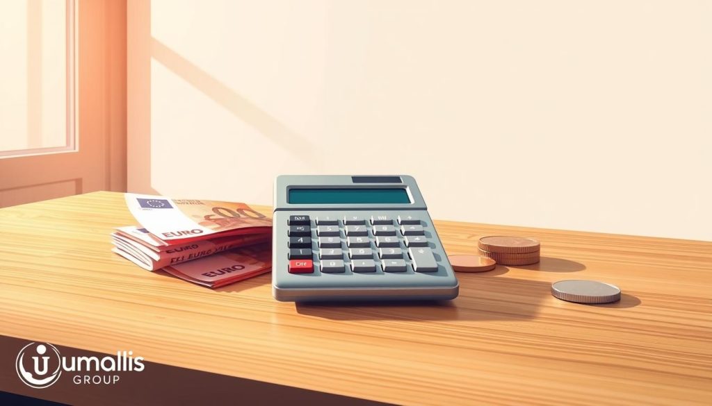 A stylish and minimalist illustration of a calculator and coins on a sleek wooden desk, showcasing the concept of "calcul taux horaire". The scene is lit by warm, natural light from a window, casting soft shadows. The calculator, in a modern silver finish, sits prominently in the foreground, surrounded by a few crisp Euro banknotes and shiny metal coins. The background features a plain, light-colored wall, creating a clean and professional atmosphere. The Umalis Group logo is subtly displayed in the bottom corner, providing a touch of branding without distracting from the main subject.