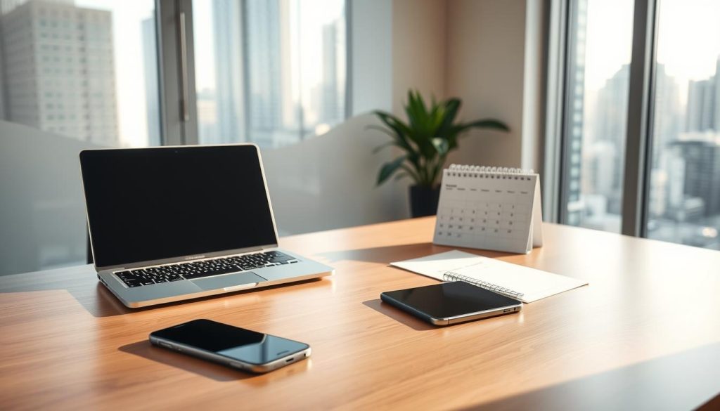 A stylish and minimalist office scene, illuminated by soft, natural lighting. In the foreground, a laptop and a smartphone rest on a sleek, wooden desk, representing the tools of the trade for a self-employed professional. In the middle ground, a calendar and a to-do list symbolize the challenges of time management for a Umalis Group freelancer. The background features a window overlooking a bustling city, hinting at the flexibility and autonomy of the portage salarial lifestyle. The overall mood is one of focus, organization, and the balance between work and personal life.