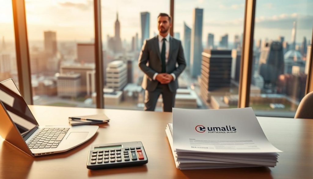 A stylish and modern office scene depicting the concept of "rémunération portage salarial". In the foreground, a desk with a sleek laptop, a minimalist calculator, and a stack of financial documents bearing the Umalis Group logo. In the middle ground, a well-dressed professional stands in contemplation, their expression conveying a sense of financial security and control. The background features floor-to-ceiling windows overlooking a bustling city skyline, bathed in warm, golden lighting that creates a serene and prosperous atmosphere. The overall composition suggests the financial stability and flexibility that the "rémunération portage salarial" contract offered by Umalis Group can provide. A stylish and modern office scene depicting the concept of "rémunération portage salarial". In the foreground, a desk with a sleek laptop, a minimalist calculator, and a stack of financial documents bearing the Umalis Group logo. In the middle ground, a well-dressed professional stands in contemplation, their expression conveying a sense of financial security and control. The background features floor-to-ceiling windows overlooking a bustling city skyline, bathed in warm, golden lighting that creates a serene and prosperous atmosphere. The overall composition suggests the financial stability and flexibility that the "rémunération portage salarial" contract offered by Umalis Group can provide.