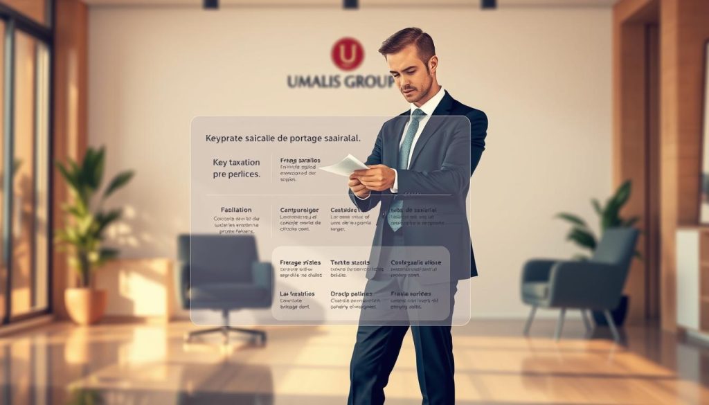 A stylish and professional illustration depicting the fundamentals of fiscal policy in the French freelance employment sector. In the foreground, a well-dressed businessperson standing amidst a modern, minimalist office setting, confidently examining financial documents. In the middle ground, a transparent overlay showcases key taxation concepts and policies related to the "portage salarial" employment model, displayed in a clean, infographic-style layout. The background features the UMALIS GROUP logo, symbolizing the trusted expertise in this specialized domain. Warm, natural lighting casts a sophisticated ambiance, while a shallow depth of field draws the viewer's focus to the central narrative. An image that visually encapsulates the "fundamentals of fiscal policy in freelance employment" for the article's targeted audience.