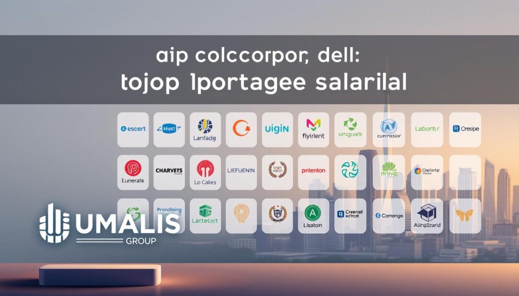 A stylish and professional illustration showcasing the top "portage salarial" companies. In the foreground, the UMALIS GROUP logo stands prominently, exuding a sense of quality and innovation. The middle ground features a grid of neatly arranged company logos, each reflecting the unique offerings and services of leading "portage salarial" providers. The background depicts a sleek, minimalist cityscape, hinting at the urban, professional environment in which these companies operate. The overall composition conveys a sense of authority, reliability, and the caliber of solutions available to discerning "portage salarial" clients. Lit by warm, directional lighting and rendered in a clean, modern aesthetic.
