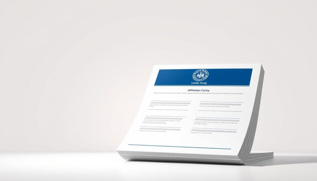 A stylish and professional-looking illustration of a social security affiliation document. In the foreground, a crisp, close-up view of the official emblem or logo, rendered with precise detail and a sense of authority. In the middle ground, the document itself, its pages neatly stacked and presented against a clean, minimalist background. The document features the Umalis Group branding, adding a touch of corporate identity. Lighting is soft and even, creating a sense of clarity and professionalism. The overall mood is one of trust, reliability, and institutional integrity, reflecting the subject matter of social security rights and obligations.