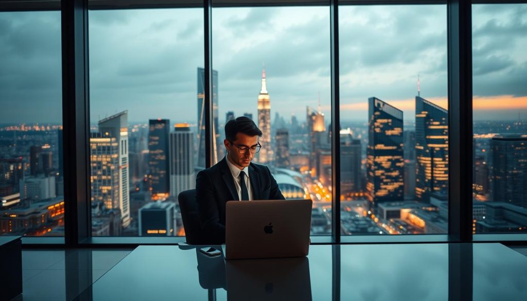 A stylish and professional-looking office scene set in a modern, well-lit workspace. In the foreground, a smartly dressed person sits at a sleek, minimalist desk, intently focused on a laptop screen. Behind them, floor-to-ceiling windows offer a panoramic view of a bustling city skyline. The atmosphere is one of productivity, innovation, and a sense of purpose, reflecting the focus and dedication required for a successful "portage salarial" career. Subtle, warm lighting casts a soft glow over the scene, creating a welcoming and aspirational mood.
