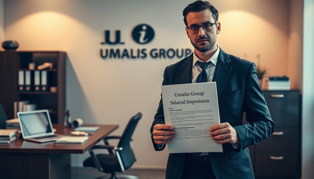 A stylish and professional looking office workspace, with a desk, laptop, and various office supplies. In the foreground, a person in a business suit standing, holding a document labeled "Portage Salarial Imposition". The background features the Umalis Group logo and a neutral, warm-toned color palette. The lighting is soft and directional, creating a sense of depth and emphasizing the central figure. The overall mood is one of thoughtful consideration and attention to detail, reflecting the subject matter.
