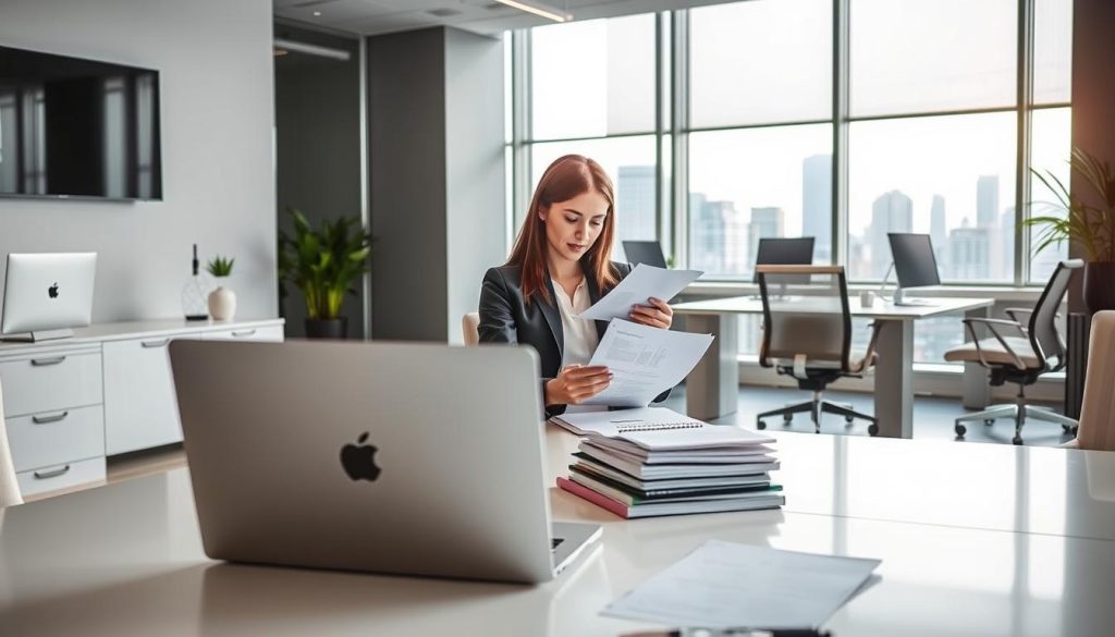 A stylish and professional office environment showcasing the benefits of Umalis Group's administrative portage salarial services for freelancers. The scene depicts a modern, well-lit workspace with sleek desks, ergonomic chairs, and subtle branding elements. In the foreground, a laptop and documents convey the administrative tasks handled by the portage salarial solution. The middle ground features a freelancer reviewing paperwork, exuding a sense of ease and security. The background subtly hints at the freedom and flexibility that the portage salarial model affords, with a large window overlooking an urban skyline. The overall mood is one of professionalism, efficiency, and the empowerment of independent workers.