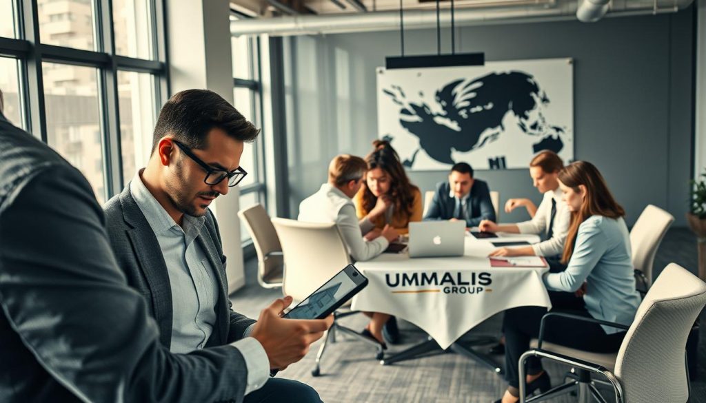 A stylish and professional office scene showcasing the diverse métiers of communication in a salarial portage setting. In the foreground, a graphic designer works intently on a tablet, their fingers deftly manipulating digital tools. In the middle ground, a social media manager collaborates with a content strategist, their expressions animated as they discuss campaign ideas. The background reveals a team of PR specialists and copywriters, engaged in lively discussions around a conference table adorned with the UMALIS GROUP logo. Soft, directional lighting from large windows casts a warm, productive ambiance over the scene, conveying the flexibility and security of the salarial portage model.